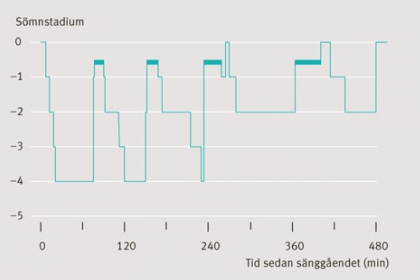 Diagrammet visar ett sömnförlopp under en vanlig natt. Sömnen indelas i olika sömndjup med olika karaktäristika. En typisk sömncykel innebär successivt ökande sömndjup till stadium 4, varefter följer en kort period med REM-sömn, ett stadium förknippat med drömmar. Därefter upprepas detta mönster flera gånger under natten. Återhämtning är främst kopplat till tiden som tillbringas i stadium 4.